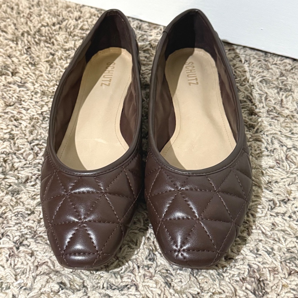 Schutz Arissa Quilted Leather Ballet Flats Brown Square Toe S2071002020004U 11B